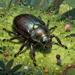 realistic giant beetle with few element of alien cyberpunk armor attacking tiny creatures in jungle, by moebius, alphonse mucha, ayami kojima, amano, greg hildebrandt, and mark brooks, art nouveau, cyberpunk, neo - gothic