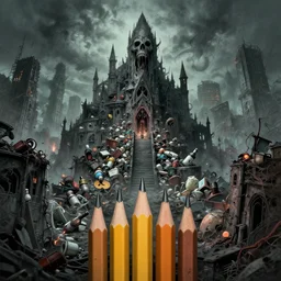 pencils of 1 1 horrifying medical waste city in gravity grave, by wayne d barlowe, geof darrow, torch light, muted colors, epic, hyper detailed, awe inspiring, award winning horror, hyper realism, cinematic
