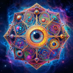 visionary eye sacred geometry of a mandelbulb eco - system in a nebula of neon psychedelic colors with precise details, perfect symmetry, dmt 5 th dimension, vivid colors, neon colors, by alphonse mucha and gustave dore, unreal engine 8 k hdr psychedelic photorealism