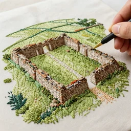 a high quality handmade embroidery of the ruins at vindolanda, aerial view. hand stitching