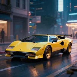 a beautiful render of a cyberpunk lamborghini countach in a street at night, wallpaper, trending on art station hq, 8 k, unreal engine, raytraced shadows, raytraced lighting, raytraced reflections, raytracing, rtx, 8 0 mm, depth of field, bloom, hdr
