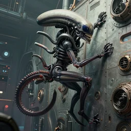 highly detailed, industrial photography, profile view of a xenomorph, climing on the wall of a speceship, confident, beautiful, attractive, illustration concept art by nicoletta ceccoli, mark ryden, lostfish, detailed and intricate environment, 8 k resolution, hyperrealistic, octane render