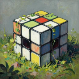 “a beautiful painting by Simon Stålenhag of an abandoned Rubik’s cube factory, overgrown with vines”