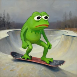sad pepe the frog snowboarding in terrain park, frustration, pain, anger, ramps, half - pipe, gloomy landscape, expressive oil painting by christopher radlund and camille pissaro