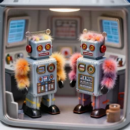 closeup digital color photo of two 1 9 4 0 s - style tin - toy robots covered with colorful fuzzy fur, inside a small simple diorama of a spaceship control room