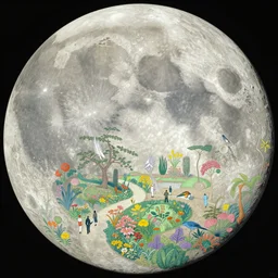 a landscape on the moon with many craters, people walk along the paths, a beautiful flowering garden, birds, a lot of exotic vegetations, trees, intricate detaild, pale colors, 8 k, in the style of martin johnson heade and roger dean