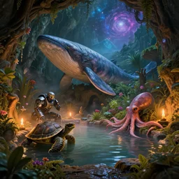 fantasy fairytale story, hybrid great leviathan, cybernetic turtle, cephalopod reptilian pachyderm, squid terrapin, cthulhu, magical universe, cozy, hot springs, cave, forest, candlelight, natural light, lush plants and flowers, mountains, luminous stellar sky, celestial fantasy, atmospheric lighting, hyper realistic, golden hour, jessica rossier, michael cheval, michael whelan, unreal engine
