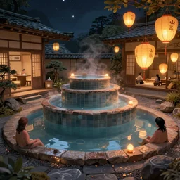 cozy hidden empty tiered japanese onsen next to grand pogotas night by greg rutkowski craig mullins ross tran mucha levitating lanterns lumen reflections matte painting fantasy specular lighting trending on artstation