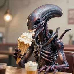 a picture of a xenomorph eating an ice cream cone, 4 k, artstation, science fiction, in the style of a garfield comic