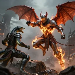 burning chainmail-wearing bat-winged knight with glowing eyes leaping off a rock preparing to throw a punch at his serpentine opponent, ultimate detail, cinematic, 8k, digital fantasy art by Steve Argyle and Jason Chan, cgsociety, trending on artstation, video game cover art, smooth, sharp focus