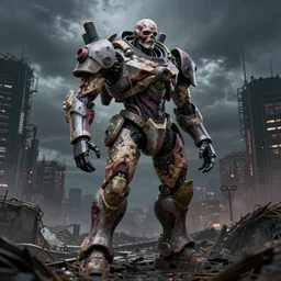 cinematic full body portrait of a zombie heavy mech with flesh, by kow yokoyama, maschinen krieger, hobby japan, stormy post apocalyptic cyberpunk gothic city, highly detailed, shot with canon 5 d mark ii, face detail, rob bottin, rick baker, jordu schell, artstation, cg society, soft illumination