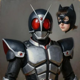 a realistic painting by Raffaello Sanzi depicting the Kamen Rider with the head BatGirl in the Renaissance,smooth,Sharp focus, trending on Artstation.