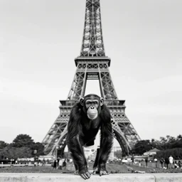 a black and white photograph of a chimpanzee standing in front of the eiffel tower