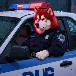 a anthropomorphic alaskan malamute police officer with red and white fur in a black police uniform sitting in his patrol car at night looking bored while it rains with red and blue neon light reflecting off of his face. Renowned character illustration by greg rutkowski, thomas kindkade, alphonse mucha, loish, norman rockwell. Trending on furaffinity.