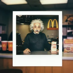 albert einstein working the front counter of mcdonald's ready to take your order, eighties polaroid, flash photography, photorealistic, kodachrome