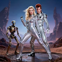 a portrait of milla jovovich and david bowie wearing a rocknroll glitzy glamour spacesuit, beautiful, heroic action pose, a friendly android, stunning alien landscape, cinematic, dramatic studio lighting, wide shot, in the style of kubrick, ridley scott, jodorowsky, dune, star wars, octane render 8 k