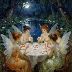 a group of gracious fairies with wings playing cards on a table in an atmospheric moonlit forest next to a beautiful pond filled with water lilies, artwork by ida rentoul outhwaite