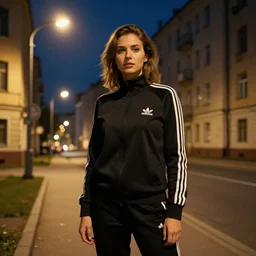 portrait of attractive slav heroine wearing an addidas tracksuit. illuminated street lights, slav apartments in backround, by greg rutkowski and wlop, detailed, cinematic, 8 k, intricate, rule of thirds.