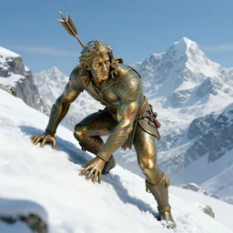 bronze - age man, otzi, climbs a snowclad mountain landscape with an arrow stuck in his left shoulder, illustration, epic, fantasy, intricate, hyper detailed, artstation, concept art, smooth, sharp focus, ray tracing, vibrant, photorealistic, rossier, jessica