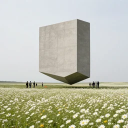 people gathered around an enormous, floating concrete monolith in the foreground of a meadow of daises, visible horizon, flat grey sky