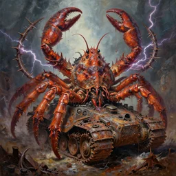 oil painting nightmare macerated epic tiered crustacean tank crawling vehicles used for future military rusted demon barbed lightning hooped around destroyed, dripping chaos, cinematic, fine art, ornate masterpiece, hyper detailed by geof darrow and built by alex nino