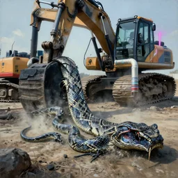 airbrushed dragging snakeskin by massive earth excavation equipment with neon piping alex ross, simon bisley fine, kelly freas art masterpiece baked at 3 0 0 f, matte painting, cold lighting, aged with sunlight, award winning horror, photorealistic render, cinematic