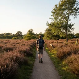 i walk on a trail through the dutch heathland, summer, early evening, golden hour