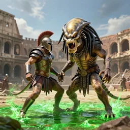 the predator roaring at a spartan warrior in a roman coliseum, green glowing fluid on the ground and on the predator, 8 k award winning photo, amazing