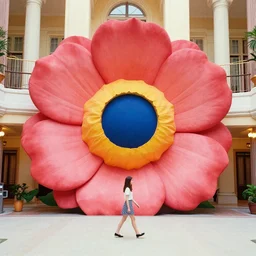 giant flower head, girl walking in hotel, surreal, symmetry, flat space, fanciful, colourful, detailed, wes anderson