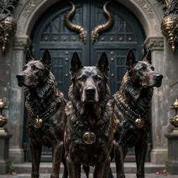 cerberus the three headed hound at the gates of hell, greg rutkowski, 8 k, shallow depth of field, moody lighting, ultra high detail, concept art,