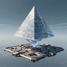 concept art of levetating see through pyramid above a highly detailed mechanical landing pad, by beeple, artstation, CG society, blue skies