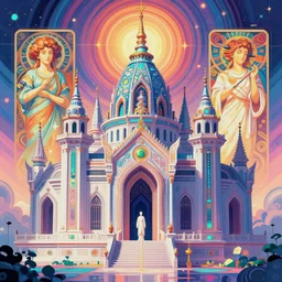a cybernetic temple, vaporwave aesthetic, colorful, psychedelic, digital painting, artstation, concept art, smooth, sharp focus, illustration, art by artgerm and greg rutkowski and alphonse mucha
