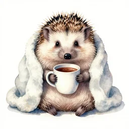 a hedgehog wrapped up in a blanket with a cup of hot chocolate, watercolor and ink by Miruna Matthams