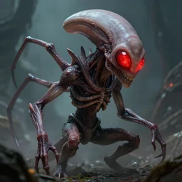 alien creature, red, eyes growing on creature, spindly ; high detailed artwork by greg rutkowski ; sci - fi, detailed, scary, dangerous