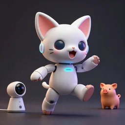 product photo of a futuristic happy surprised robot pet, asymmetric cute, by artgerm and greg rutkowski and marc newson and zaha hadid, alphonse mucha, samsung apple webcam, matte glossy materials, neon, kitten puppy pig otter ( fennec ). flowing dancing pose. three quarter view, volumetric light, detailed, octane render, midsommar