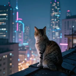 Stray cat sitting on a roof watching a cyberpunk futuristic city