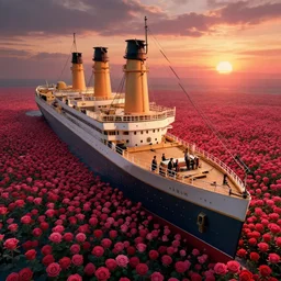 titanic on a sea of roses from a half birds - eye view, jack and ross are in the bow, roses bloom sunset, dusk, light effect, by marc simonetti and greg rutkowski, 4 k, ultra detall, ultra realistic, artstation - - ar 2 3 - upsealed iv - w 5 7 6
