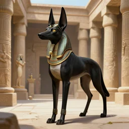 full body photo of anthropomorphic black egyptian jackal in a pristine temple, deep focus, highly detailed, digital painting, artstation, concept art, matte, sharp focus, illustration, art by artgerm and greg rutkowski and alphonse mucha