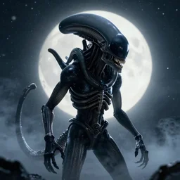 full shot of angry darkness alien xenomorph at moonlight, snowing, detailed, unreal engine 4k volumetric light, fog,