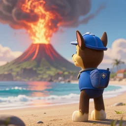 chase wearing blue outfit ( from paw patrol ) is standing on the beach watching a giant volcano erruption behind him, movie poster, trending on artstation, intricate detail, very sharp, octane 8 k render, depth of field