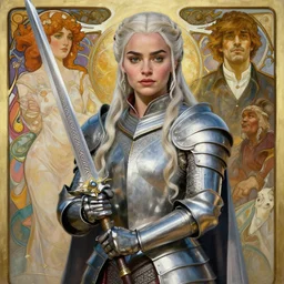 A painting of Daenerys Targaryen wearing a intricate silver armor and holding Excalibur ,by by Stanley Artgerm Lau, Greg Rutkowski, Thomas Kinade ,Alphonse Mucha, Loish, Norman Rockwell ,trending on artstation , rule of thirds ,HD 4k , focus face , body