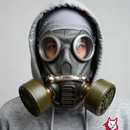 detailed conceptual close up photography portrait random guy using grey hoodie and grey bandana with red and white wolf logo in right chest and gas mask