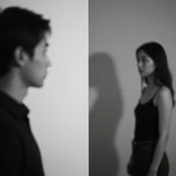 an abstract man looking around a corner, at an abstract woman looking around a corner, infinite, 3 5 mm lens, photorealistic, hd, noir w 1 0 2 4 h 7 6 8