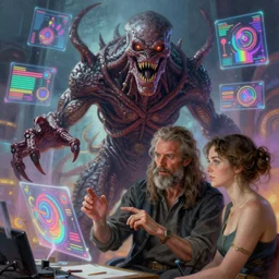 illustration of h. r. giger and liliia sitailo, artist paint in air colorful elements of bright sci - fi hologram elements, monster horror, dramatic, sharp focus, depth of field, highly detailed, artstation, digital art, volumetric light, dynamic, expression
