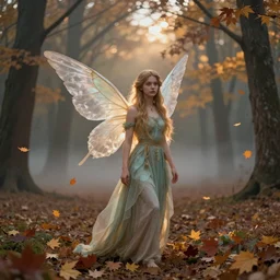 a detailed RPG portrait of a fairy angel in an autumn forest with falling maple leaves by escume, twilight, crepuscular rays, fog, octane render, deviantart