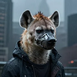 new york city portrait icon of furry anthro anthropomorphic spotted hyena head animal person fursona wearing clothes strange cybernetic metal muzzle gloomy rainy screenshot from the video game cyberpunk 2077 maelstrom digital art by Greg Rutkowski, Simon Stalenhag, christopher nolan trending on Artstation, CGSociety, Bladerunner 2049