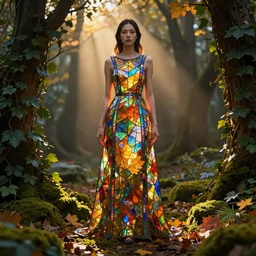 portrait of a woman wearing a dress of stained glass , autumn, volumetric lighting, god rays, global illumination, sci-fi, ivy, moss, trending on artstation, concept art by Greg Rutkowski and artgerm and Ruan Jia