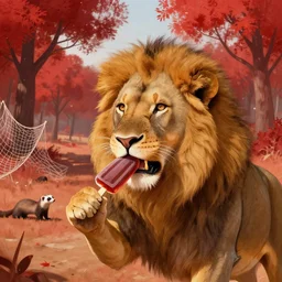 Digital painting of a lion eating a cola popsicle. In the background is a panoramalm of red trees and some ferrets weaving a net.