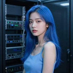 a beautiful blue radiant girl, against the backdrop of a server room,