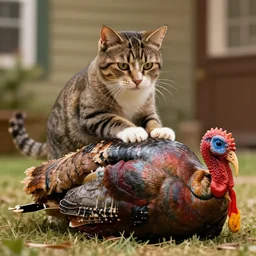 the most awesome cat in the world stealing a whole turkey mission impossible style, high quality movies still